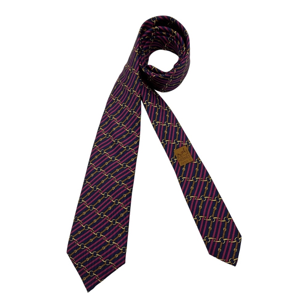 HERMÈS 986 SA Blue/Purple Striped Horse Bit Belts Silk LUXURY Tie FRANCE